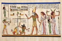 Egyptian Anubis (with dog head) weighing heart of dead Osiris and Isis look on